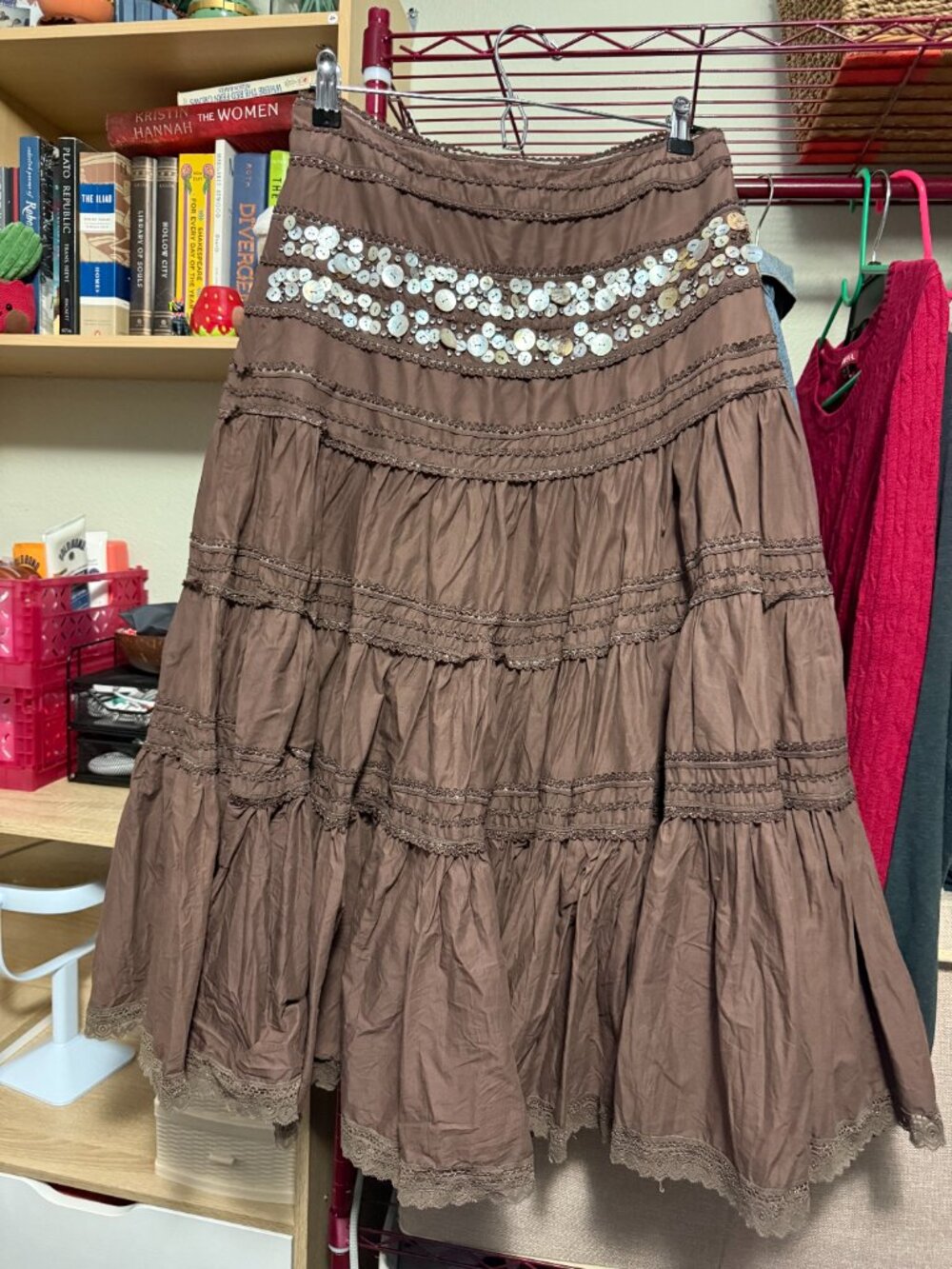 Boho Brown Tiered Midi Skirt with Shell Sequin Detail & Lace Trim